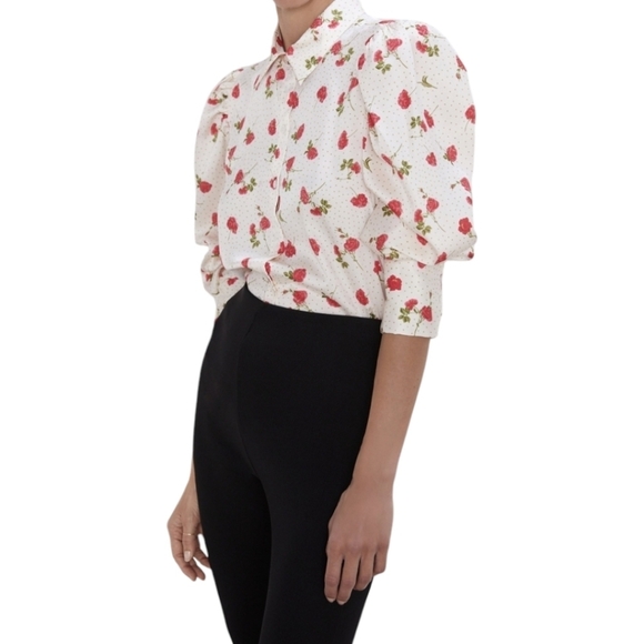 Zara Cream Colored Satin Collared Button Down With Dots And Red Roses Size M - Picture 2 of 5